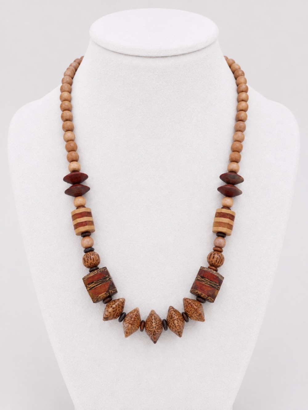 Boho Artisan Wood Beaded Statement Necklace – Earth Tone Geometric Design